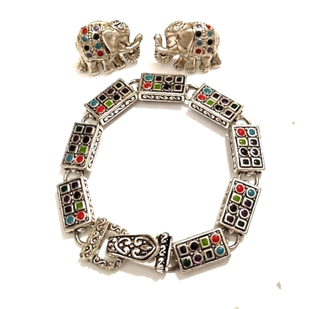 VINTAGE 90s MAGNETIC MULTICOLOR DOT ENAMEL SQAURES & MATCHING ELEPHANT EARRINGS